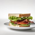 Freshly prepared Deli BLT Bacon Lettuce & Tomato sandwich on a white plate on a neutral background Royalty Free Stock Photo