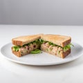 Freshly-prepared Deli toasted tuna salad sandwich on a white plate on a neutral background