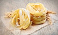 Freshly prepared fettuccine pasta closeup.