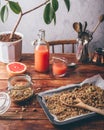 Freshly prepared granola and grapefruit juice for breakfast Royalty Free Stock Photo