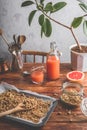 Freshly prepared granola and grapefruit juice for breakfast Royalty Free Stock Photo