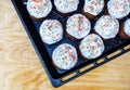 Freshly prepared in the oven Easter cakes on a black baking sheet. Happy easter