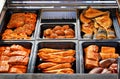 Freshly prepared smoked fish in a sales stand