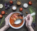 Freshly prepared tomato soup with basil, garlic and onion, thyme and seasonings, in a white plate, girl scooped up a spoon, on Royalty Free Stock Photo