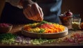 Freshly prepared vegetarian meal on wooden table, healthy lifestyle choice generated by AI Royalty Free Stock Photo