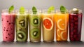 Freshly pressed Fruit vegetable juice smoothie with fruits veggie toppings