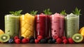 Freshly pressed Fruit vegetable juice smoothie with fruits veggie toppings. Many assorted different flavor.