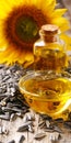 Freshly pressed sunflower oil, with sunflower in the background. AI generative Royalty Free Stock Photo