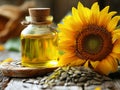 Freshly pressed sunflower oil, with sunflower in the background. AI generative Royalty Free Stock Photo