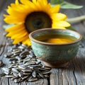 Freshly pressed sunflower oil, with sunflower in the background. AI generative Royalty Free Stock Photo