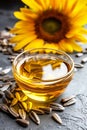 Freshly pressed sunflower oil, with sunflower in the background. AI generative Royalty Free Stock Photo