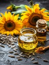Freshly pressed sunflower oil, with sunflower in the background. AI generative Royalty Free Stock Photo