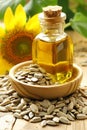 Freshly pressed sunflower oil, with sunflower in the background. AI generative Royalty Free Stock Photo