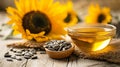 Freshly pressed sunflower oil, with sunflower in the background. AI generative Royalty Free Stock Photo