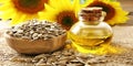 Freshly pressed sunflower oil, with sunflower in the background. AI generative Royalty Free Stock Photo