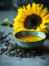 Freshly pressed sunflower oil, with sunflower in the background. AI generative Royalty Free Stock Photo