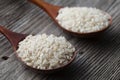 Freshly processed rice in the wooden spoon.  Rice close-up. Royalty Free Stock Photo