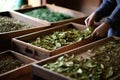 freshly processed tea leaves in handcrafted packaging