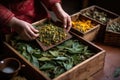 freshly processed tea leaves in handcrafted packaging