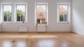 Freshly Renovated Empty Room: White Walls, Wooden Floor, and Abundant Natural Light.