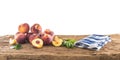 Freshly ripe peaches on the old wooden table. Royalty Free Stock Photo