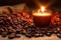 Freshly roasted coffee beans and candle on the wooden table, background with copy space, close up shot. Generative AI Royalty Free Stock Photo