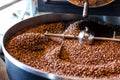 Freshly roasted coffee beans from a large roaster in the cooling cylinder. Motion blur on beans. Royalty Free Stock Photo