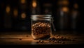 Freshly roasted coffee beans spill from a jar on wood table generated by AI Royalty Free Stock Photo