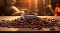 Freshly roasted coffee beans in white bowl on the table in the morning, background with beautiful light and copy space, close up Royalty Free Stock Photo