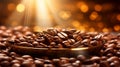 Freshly roasted coffee beans in wooden bowl in the morning, background with beautiful light and copy space, close up shot. Royalty Free Stock Photo
