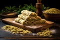 freshly rolled baklava dough on wooden surface