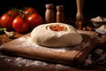 freshly rolled pizza dough on wooden board