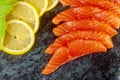 Freshly salmon sliced with lime, avocado close-up on a plate Royalty Free Stock Photo