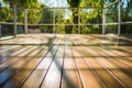 freshly sealed wooden deck in bright sunlight