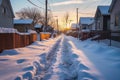 freshly shoveled snowy sidewalk with footprints Royalty Free Stock Photo