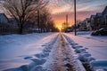 freshly shoveled snowy sidewalk with footprints Royalty Free Stock Photo