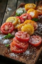 Freshly Sliced Juicy Tomatoes on Wooden Board