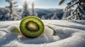 Kiwi Fruit Slices Resting on Fresh Snow in a Winter Wonderland Landscape Royalty Free Stock Photo