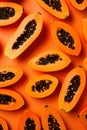 Freshly Sliced Papaya on Vibrant Orange Background AI Generated