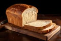 Freshly sliced white bread loaf on a rustic wooden table, ready for toasting