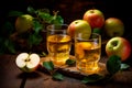 Freshly squeezed apple juice. Fruit harvest. Two glasses of fresh nectar. Generative AI Royalty Free Stock Photo