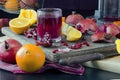Freshly squeezed with the help of a mechanical press, the juice of pomegranate and orange.