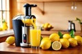 lemon juice on a wooden table, juicer squeezes juice into a glass, citrus drink, refreshing summer lemonade,