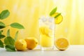 Freshly squeezed lemonade on yellow background. Glass of lemon juice and cut fresh lemons. Generative AI Royalty Free Stock Photo