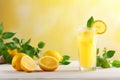 Freshly squeezed lemonade on yellow background. Glass of lemon juice and cut fresh lemons. Generative AI Royalty Free Stock Photo