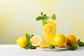 Freshly squeezed lemonade on yellow background. Glass of lemon juice and cut fresh lemons. Generative AI Royalty Free Stock Photo