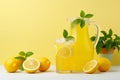 Freshly squeezed lemonade on yellow background. Glass of lemon juice and cut fresh lemons. Generative AI Royalty Free Stock Photo