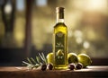 Freshly squeezed olive oil on a wooden table