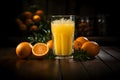 Freshly squeezed orange juice in glass at rustic kitchen Generative AI