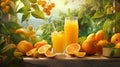 Freshly squeezed orange juice in a glass on a wooden table with oranges with nature background Royalty Free Stock Photo